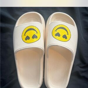 Cream Emoji Slippers with Yellow Sad Face Design